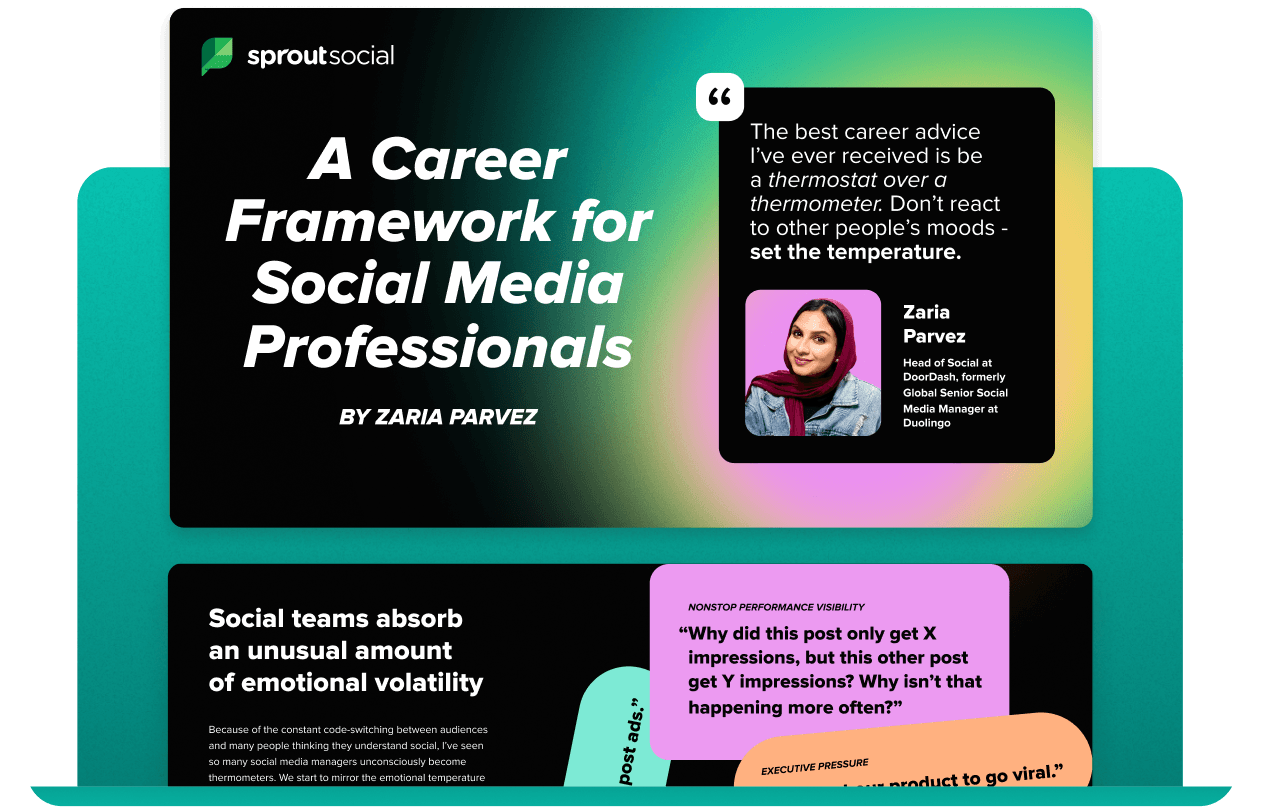 Sample images of a PDF guide from Zaria Parvez about a social media managers career guide