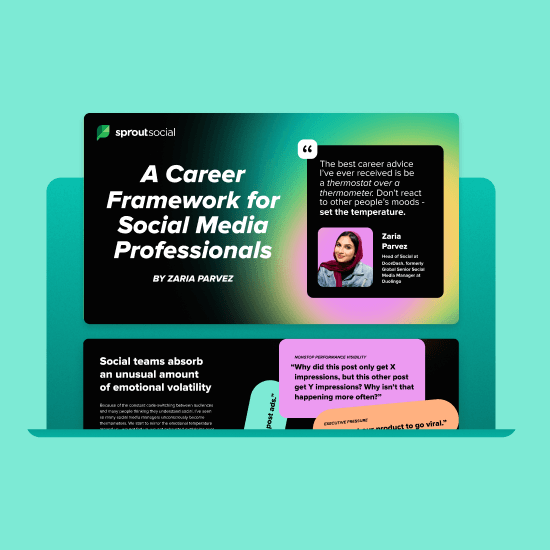 Sample images of a PDF guide from Zaria Parvez about a social media managers career guide