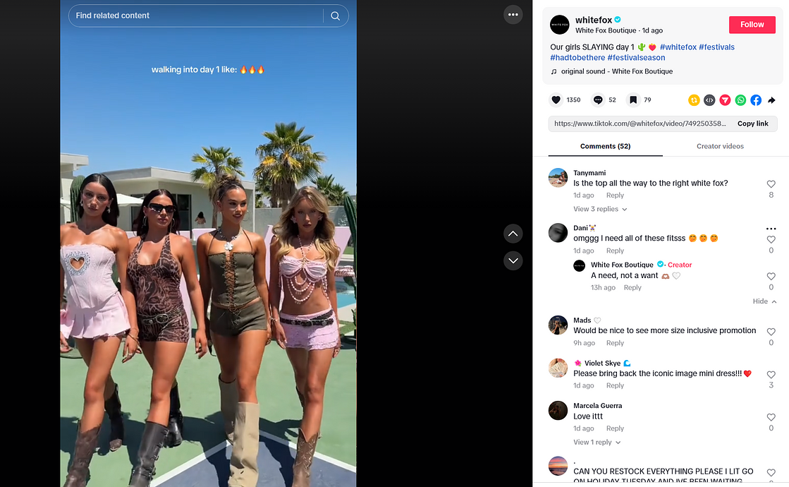 A TikTok post from the account White Fox Boutique. Four young women walk towards the camera, and the text overlay reads ‘walking into day 1 like’.