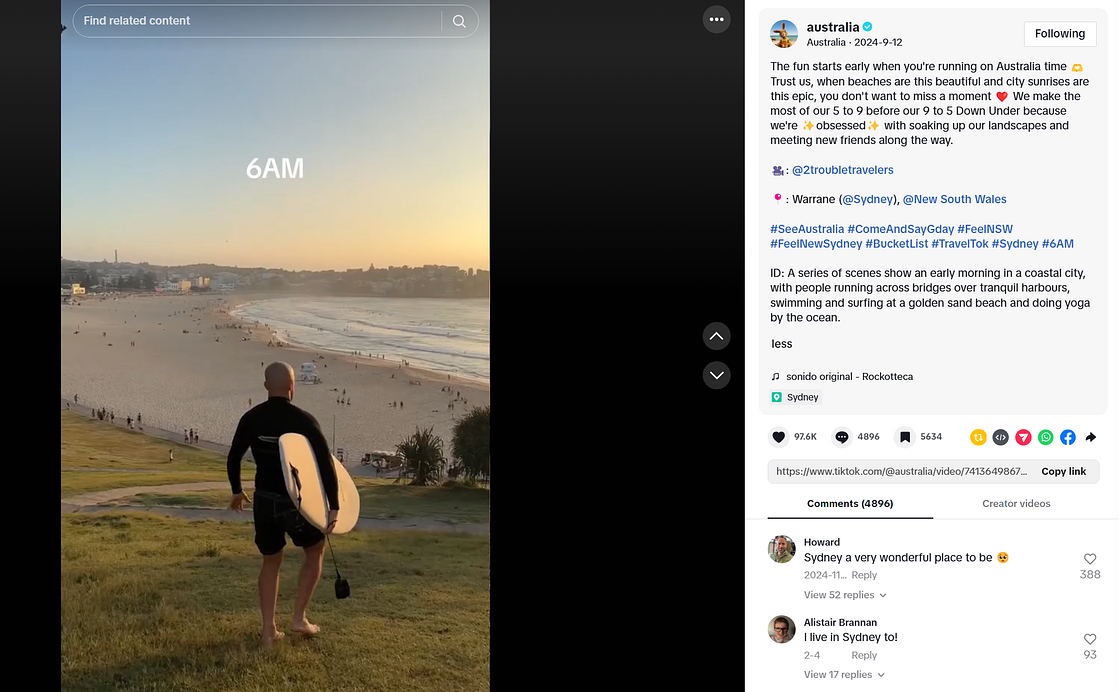 A TikTok post from the Australia account. The video shows a surfer carrying his board and heading down to Bondi Beach.