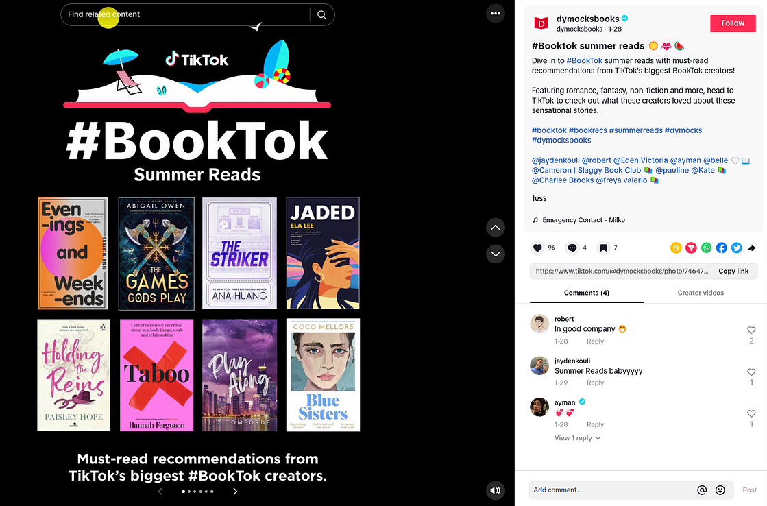 A TikTok post from the Dymocks Books account. It shows the covers of eight books and a title that reads ‘#BookTok Summer Reads’.