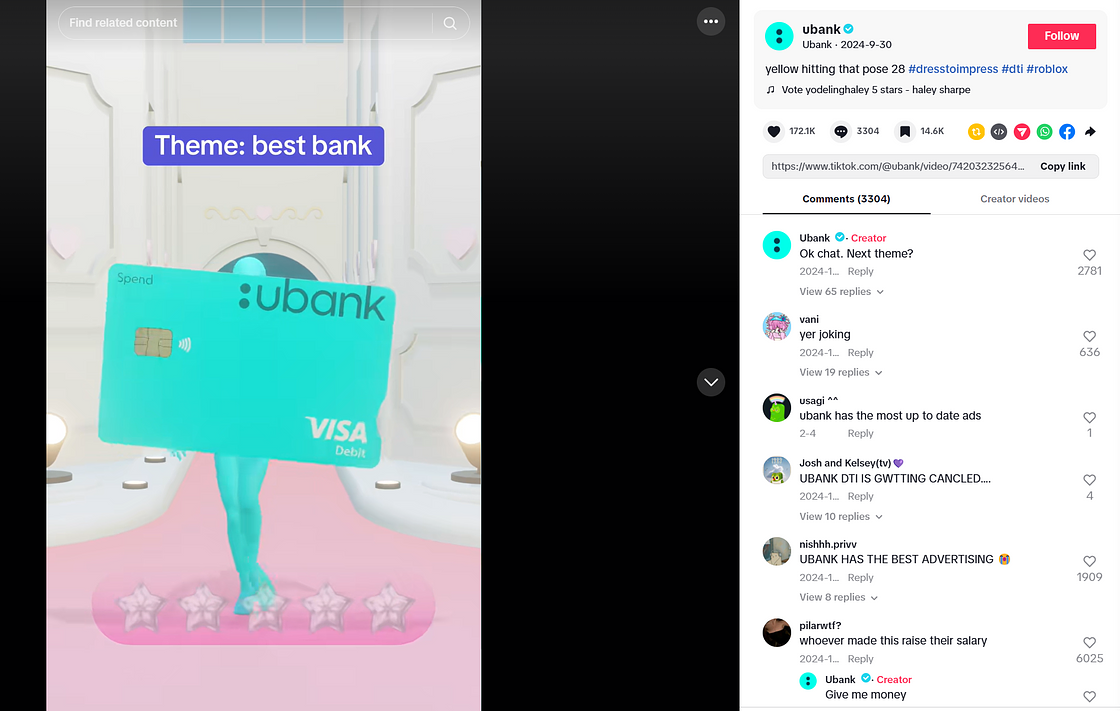 A TikTok post from the Ubank account. It shows an aqua Ubank card with legs and a text overlay reading ‘Theme: best bank’.
