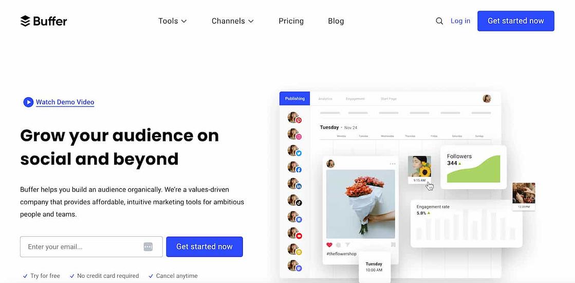 Buffer homepage with a preview of the dashboard and text that reads grow your audience on social and beyond