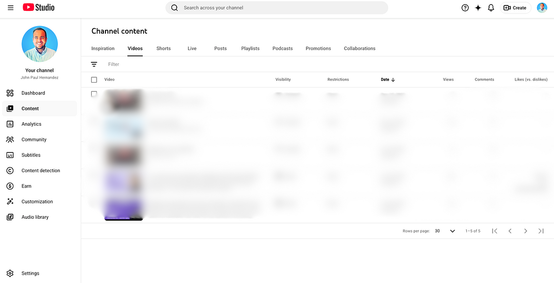 Channel content dashboard showing videos and metrics