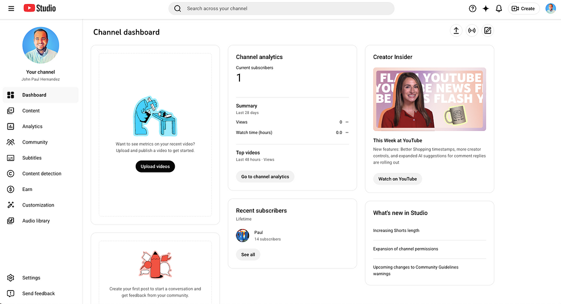 Channel dashboard showing analytics, a summary, top videos and subscribers