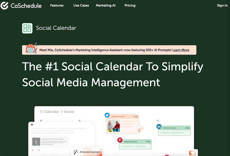 CoSchedule social calendar homepage showing a preview of the calendar and text that reads the #1 social calendar to simplify social media management