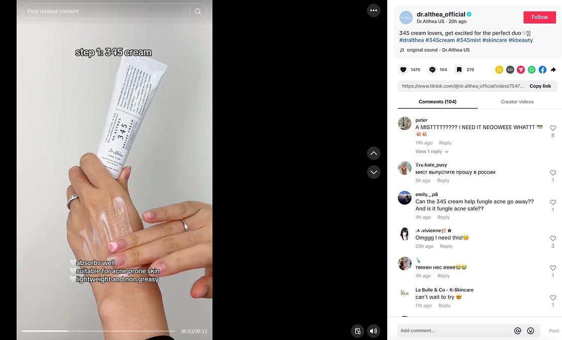Dr. Althea TikTok video showing one hand holding the brands product and another hand applying the product and text overlay that highlights the steps and benefits