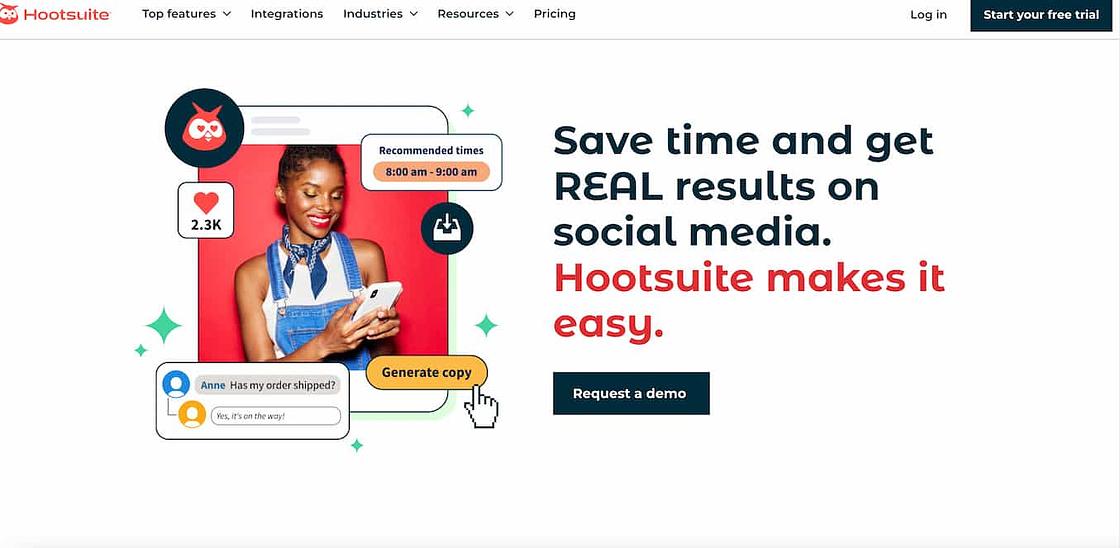 Hootsuite homepage showing a woman smiling as she looks at her phone and the picture is overlayed with several bubbles highlighting the tools features, and the text reads save time and get REAL results on social media. Hootsuite makes it easy.