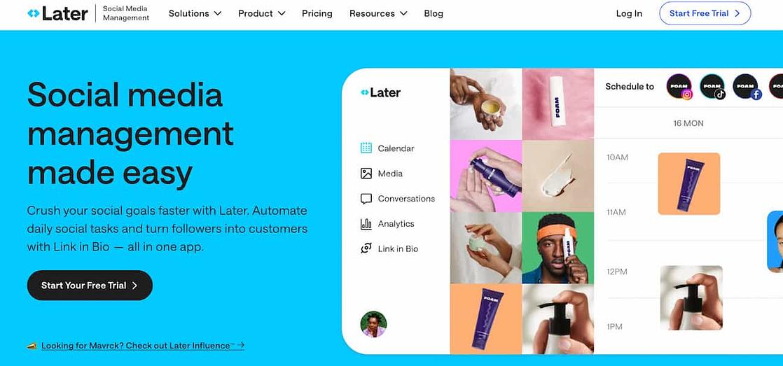 Later homepage with a preview of the visual calendar and text that reads social media management made easy