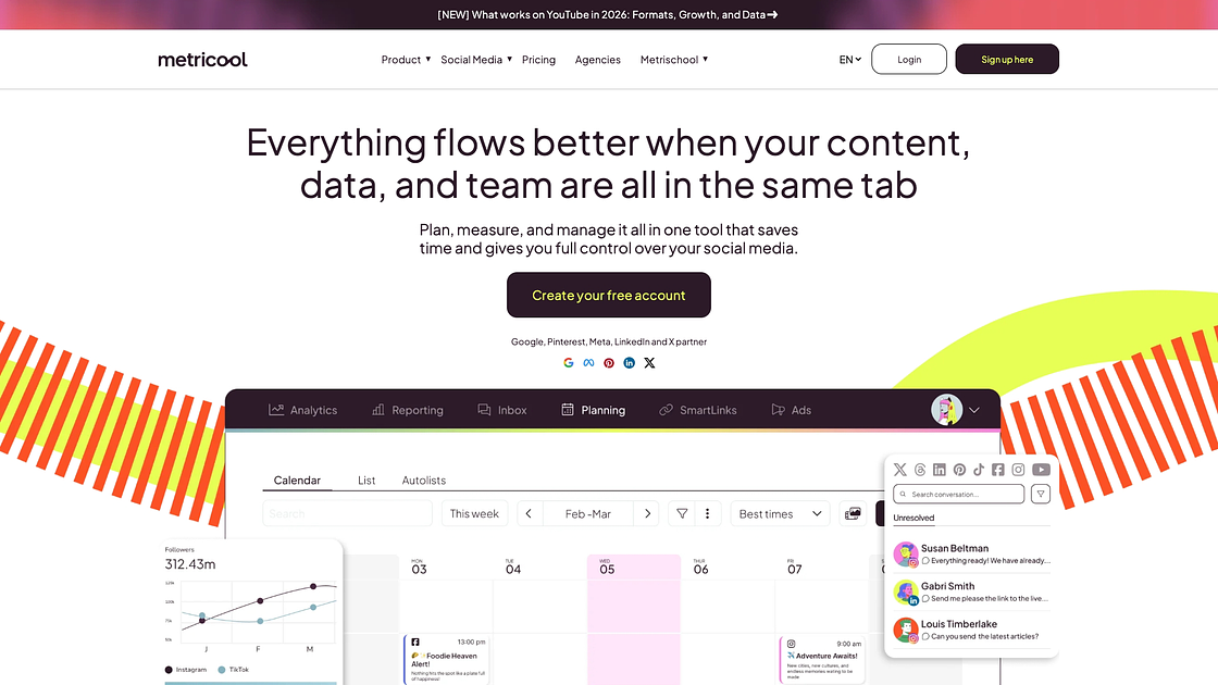 Metricool analytics dashboard showing cross-platform performance metrics