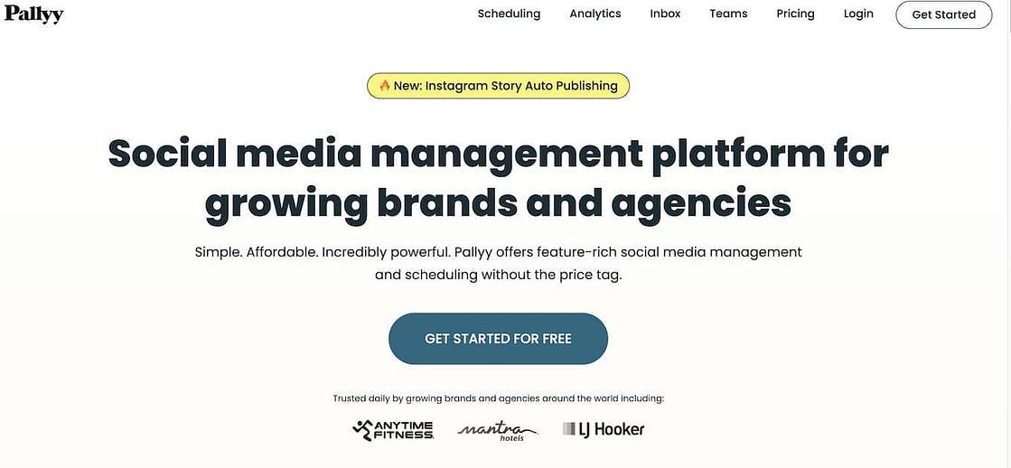 pallyy homepage with text that reads social media management platform for growing brands and agencies