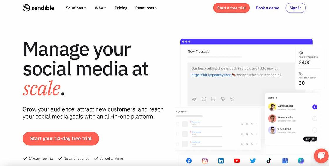 sendible homepage with a preview of the text compose window and text that reads manage your social media at scale
