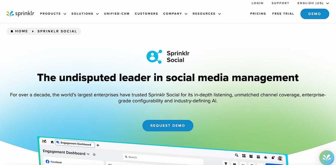 Sprinklr Social homepage with text that reads undisputed leader in social media management