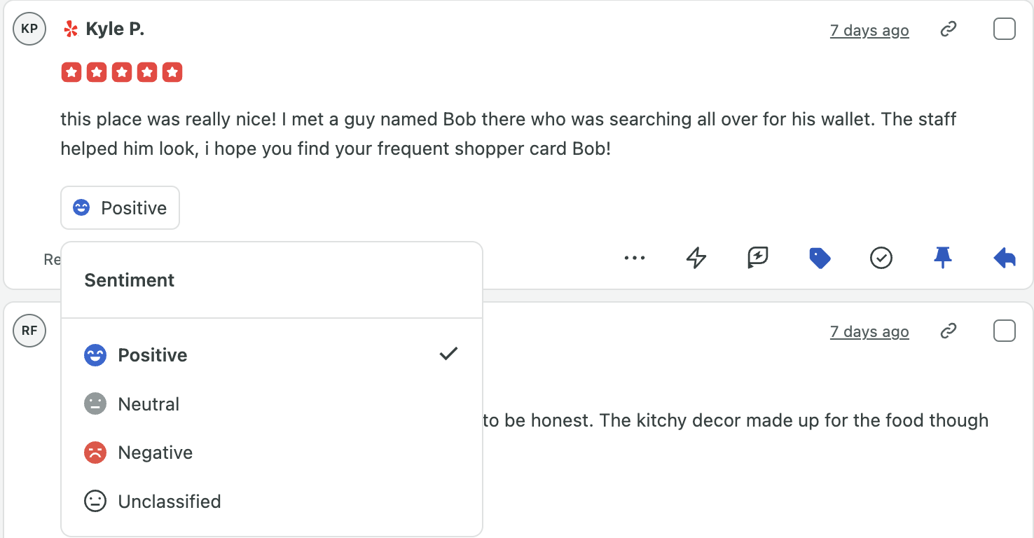 Sprout Social inbox showing a customer review labeled Positive, with sentiment options for Positive, Neutral, Negative and Unclassified.