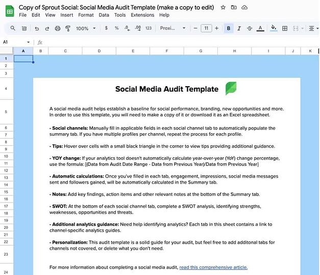 Sprout Socials social media audit template in Google Sheets.