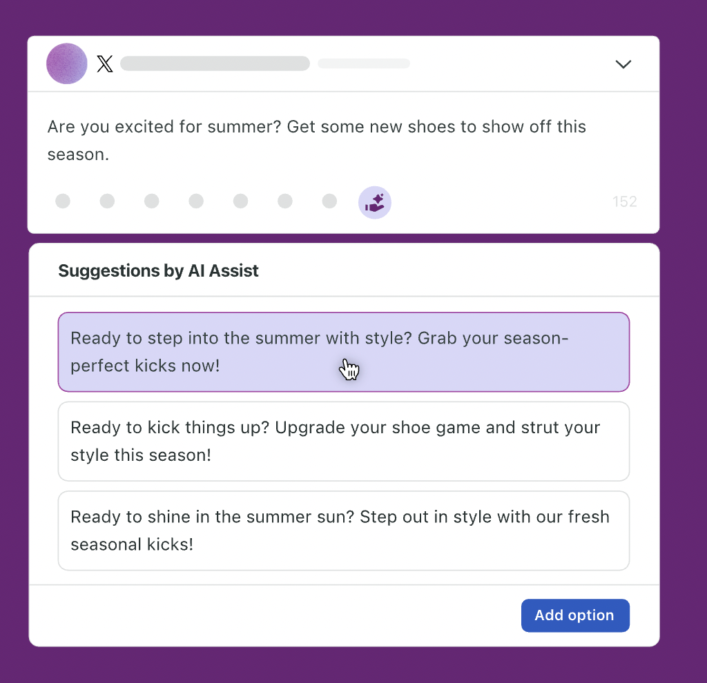 Sprout Compose window showing a list of captions from Suggestions by AI Assist