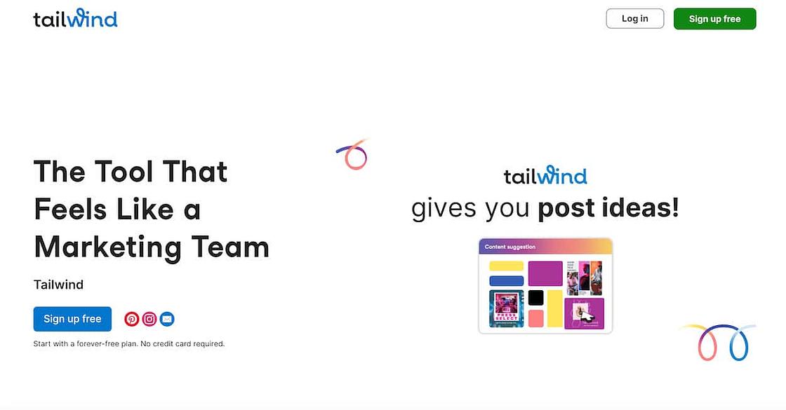 Tailwind homepage with two separate headlines that read the tool that feels like a marketing team and tailwind gives you post ideas!