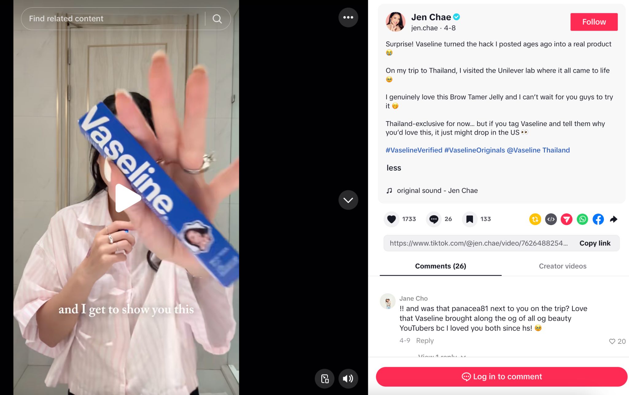 TikTok post from creator Jen Chae showing Vaseline’s Brow Tamer Jelly, a product inspired by a beauty hack she previously shared.