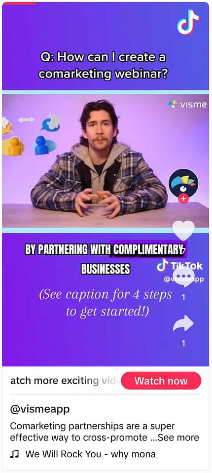 Visme TikTok video showing a person speaking to the camera with text overlay that reads See caption for 4 steps to get started