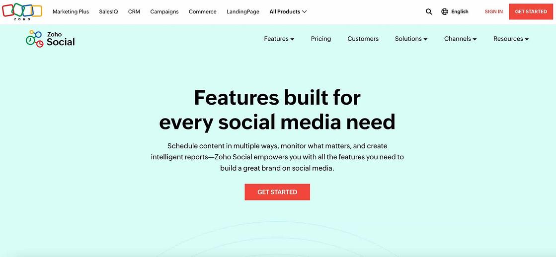 zoho social homepage with text that reads features built for every social need