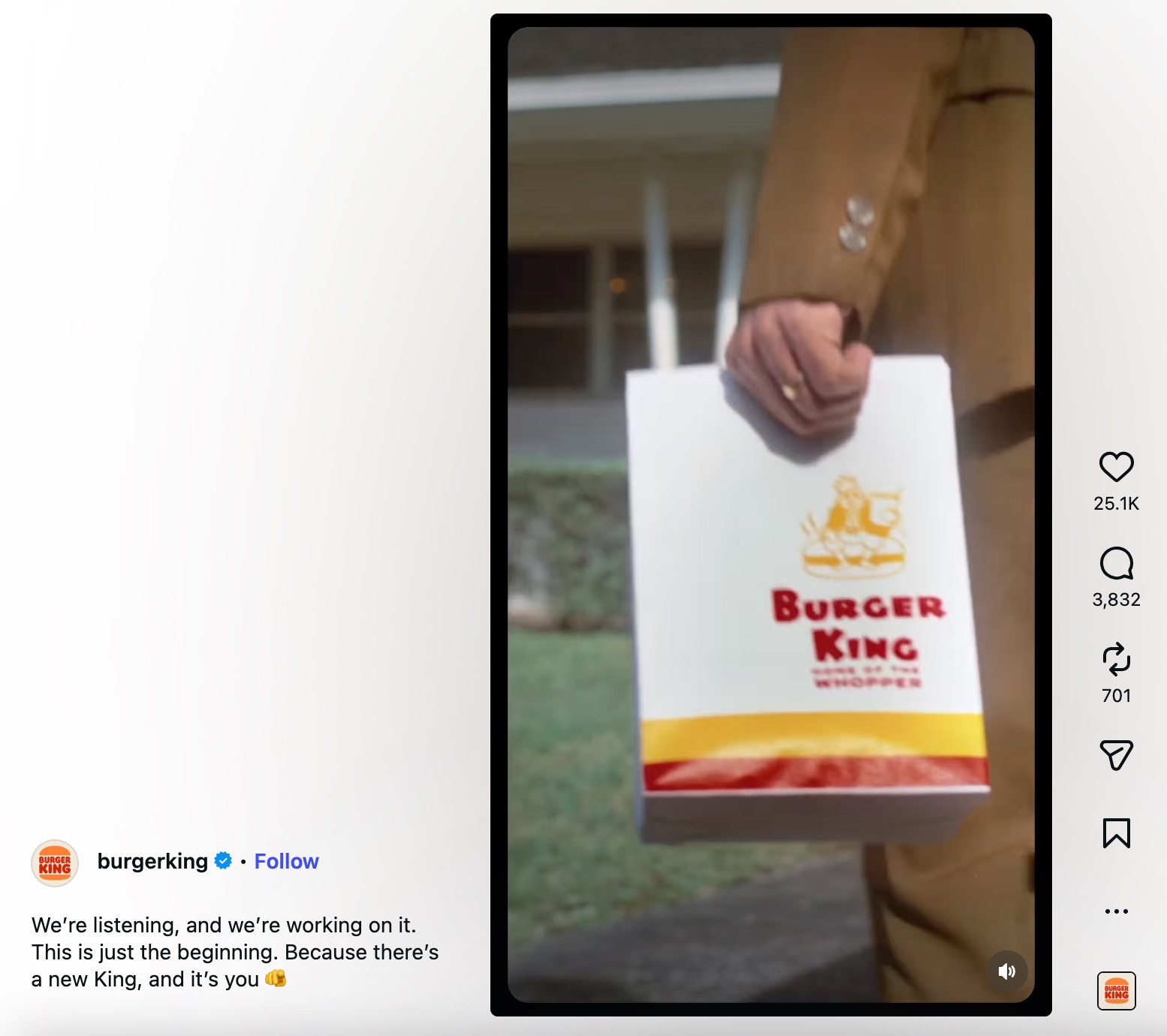 Burger King Instagram Reel showing a branded takeout bag alongside the message, “We’re listening, and we’re working on it.”