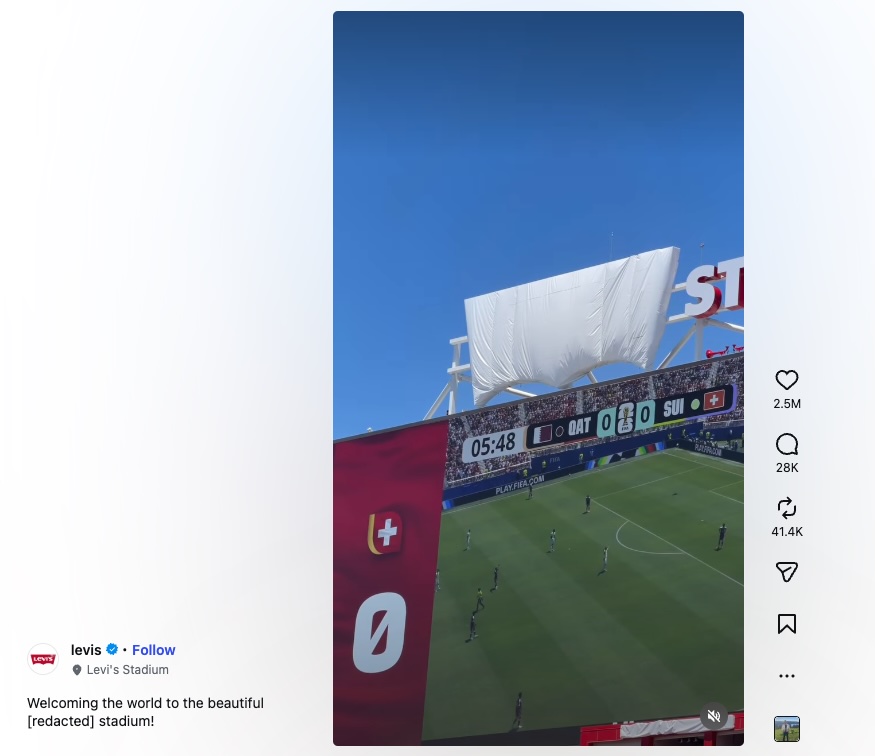An image of the covered over sign at the Bay Area stadium from Levi's Instagram page, which it promoted as the [redacted] stadium