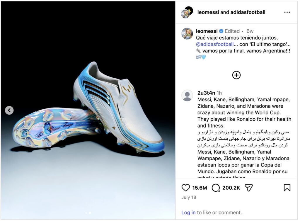 An image of Lionel Messi's boots that he shared on his Instagram page in partnership with Adidas to promote the World Cup