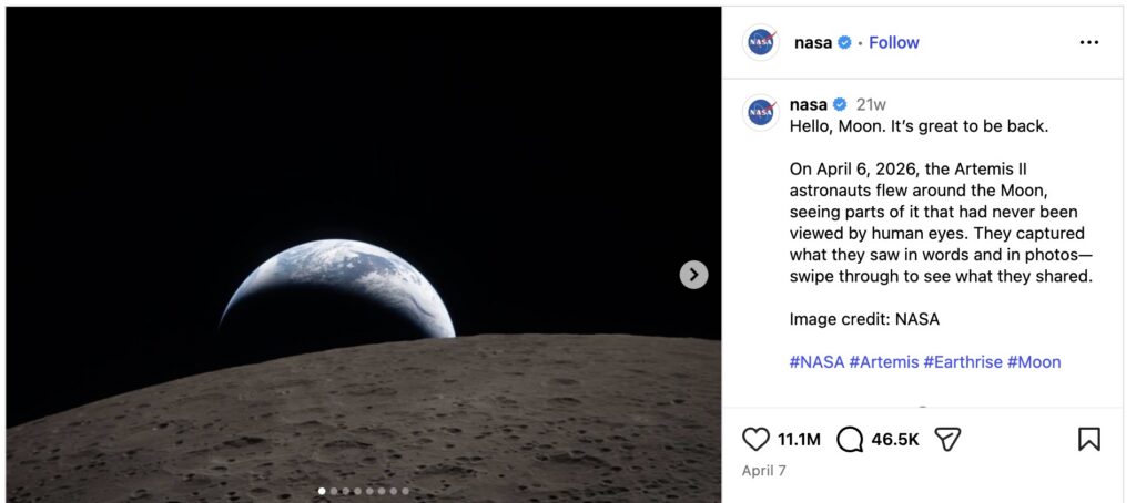 An image showing the moonrise from the point of view of Artemis II, as shared by NASA's Instagram page
