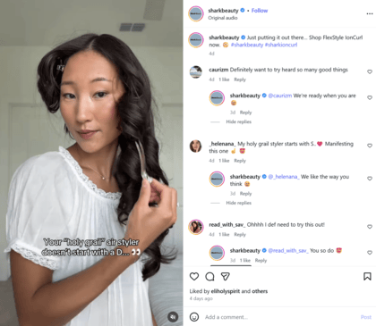 Shark Beauty proactively interacting with its Instagram audience to foster deeper connections.