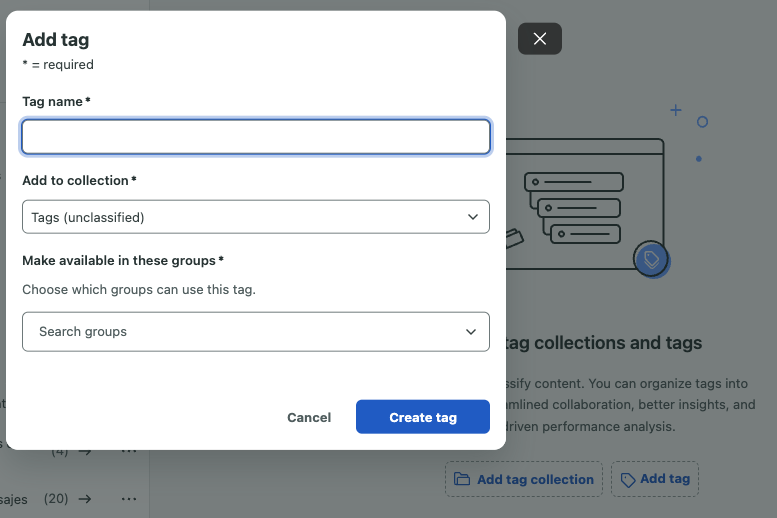 Sprout Social Tagging window for creating a new tag, selecting a tag collection and choosing which groups can use it.