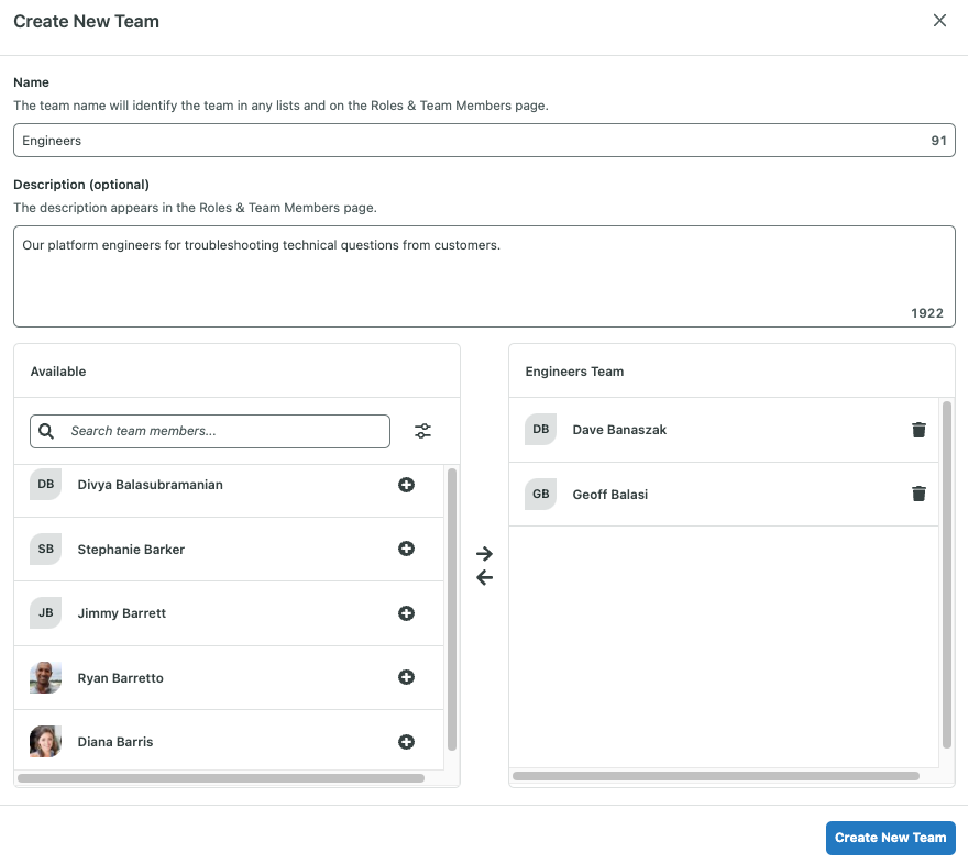 Sprout's interface for creating a new team called "Engineers" with options to add team members and provide a description.
