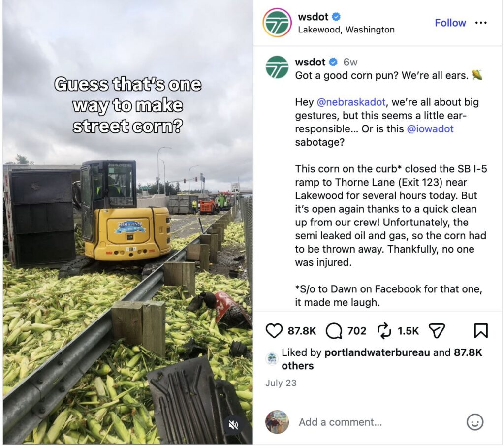 An image of corn being cleaned up from the road, shared from the Instagram of the Washington State Department of Transportation