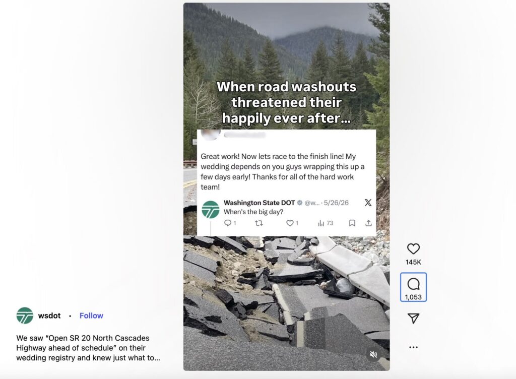 An image from the WSDOT Instagram page of them opening the road early for someone's wedding.