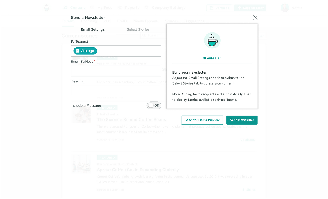 A screenshot of Sprout's Advocacy platform Send a Newsletter tool that demonstrates the email settings for sending internal newsletters (teams, subjects, heading and message).