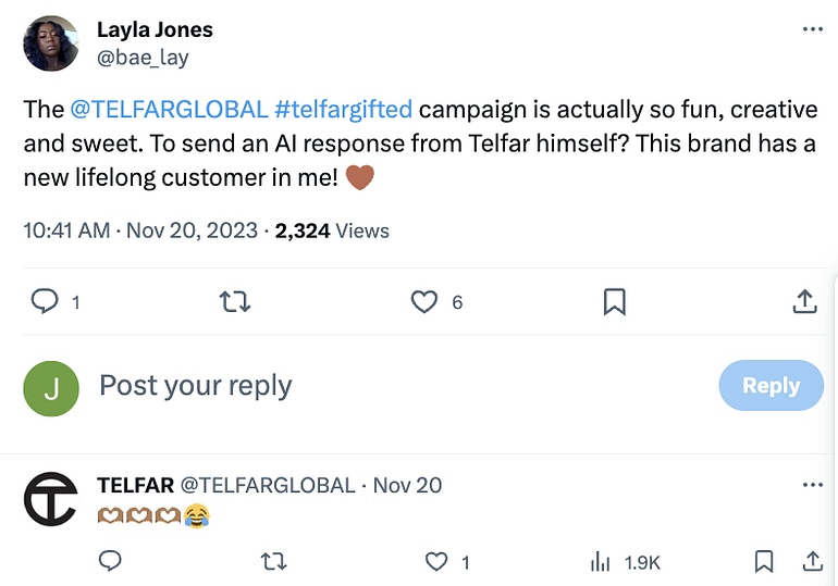A Telfar customer praising the brand for its personalized AI-generated videos on social, a campaign for the Telfar Gifted sale. The customer says the brand earned a lifelong customer.