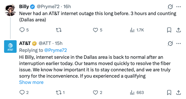 Twitter thread: AT&T customer service replies to a user's complaint about a Dallas internet outage, stating the fiber issue is now resolved.