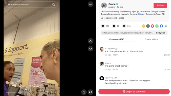 Influencer GK Barry filming a Dyson promotion inside a Currys store, highlighting conversational TikTok trends UK.