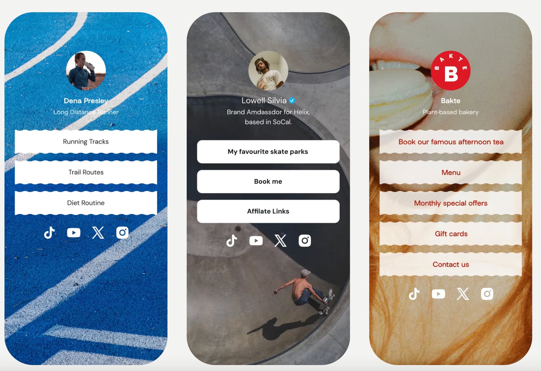 Three different ready-made Linktree page templates