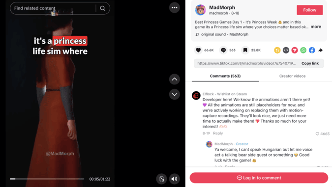 @madmorph's video reviewing a princess life simulator game, reflecting the gaming niche within TikTok trends UK.
