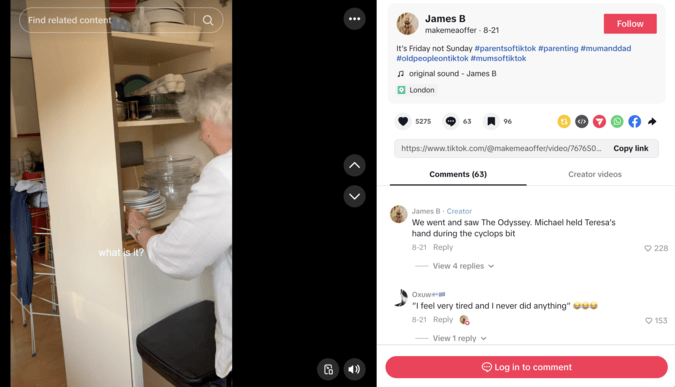 @makemeaoffer's comedy sketch of an elderly woman in a kitchen, representing family-focused TikTok trends UK.