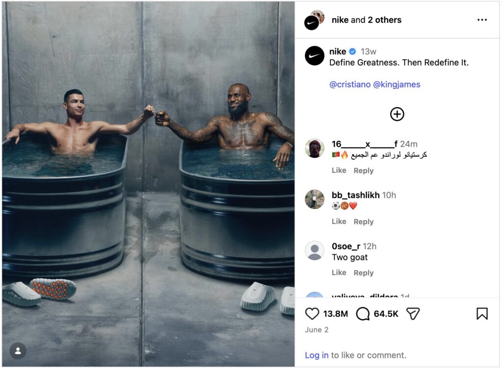 A photo from Nike's World Cup campaign featuring Cristiano Ronaldo and Lebron James both in ice baths