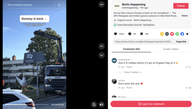 A crane installing the Nottingham Goose Fair mascot in @nottshappening's video, showcasing local TikTok trends UK.