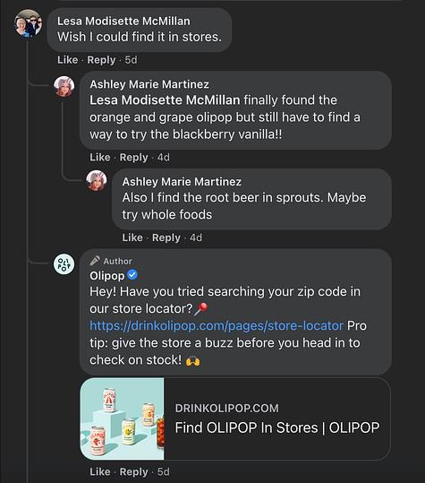 Screenshot of thread on OLIPOP's Facebook page, directing a customer to their store locator tool.