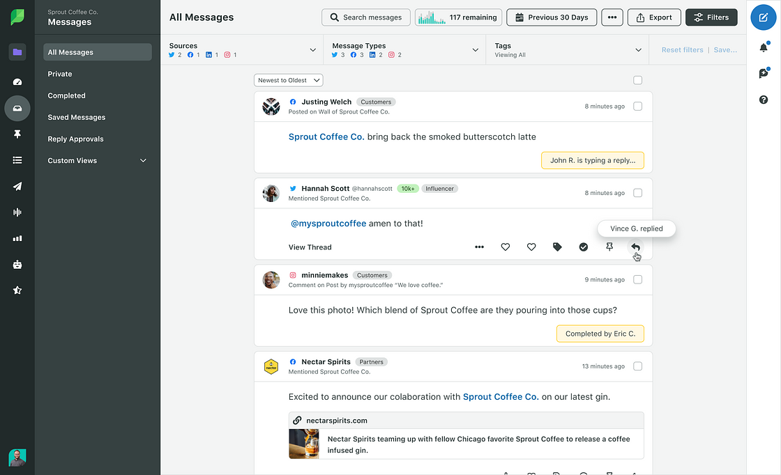 Sprout Social's Smart Inbox feature filtered to show messages from X, Facebook and Instagram.