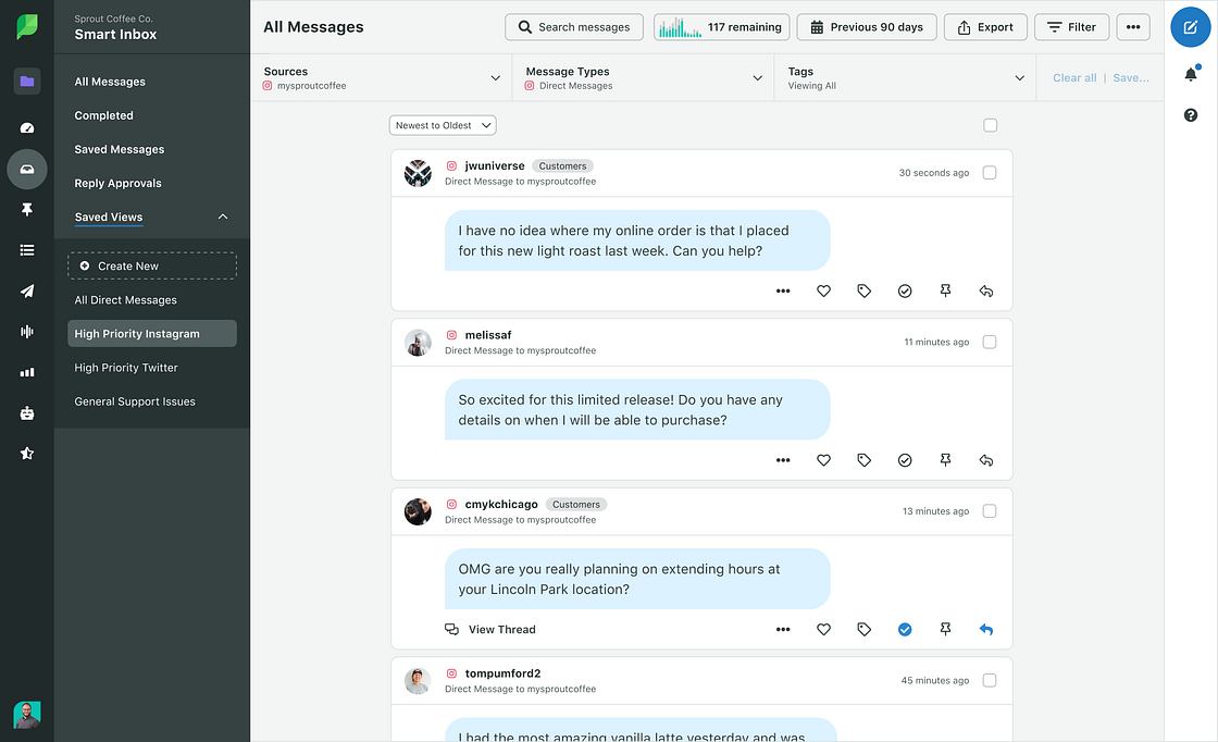 Sprout's Smart Inbox tool, filtered to show Instagram direct messages.