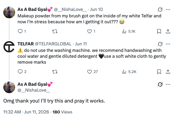 Twitter thread showing Telfar advising a customer to handwash their white bag with cool water and gentle detergent to remove makeup stains.