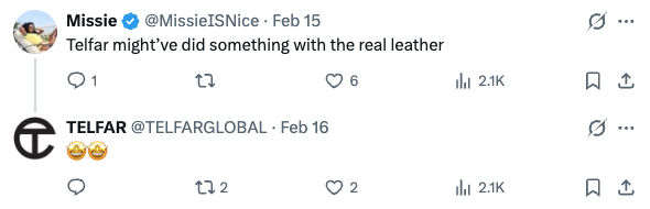 Twitter exchange where a customer praises Telfar's real leather bags and the official Telfar account replies with starry-eyed emojis.