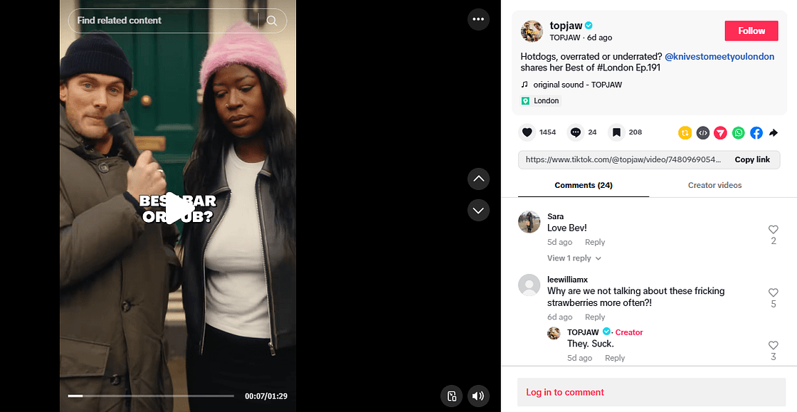 TopJaw post restaurant recommendations on TikTok
