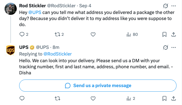 Twitter thread showing UPS customer service asking a user to send a private message with their tracking info to resolve a misdelivered package.