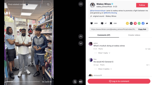 @wakey_winesofficial promoting a boxing match with creators inside his convenience store, highlighting community TikTok trends UK.